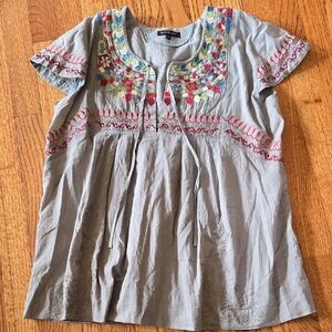 Bohemian Embroidered Taupe Cotton Blouse | Small